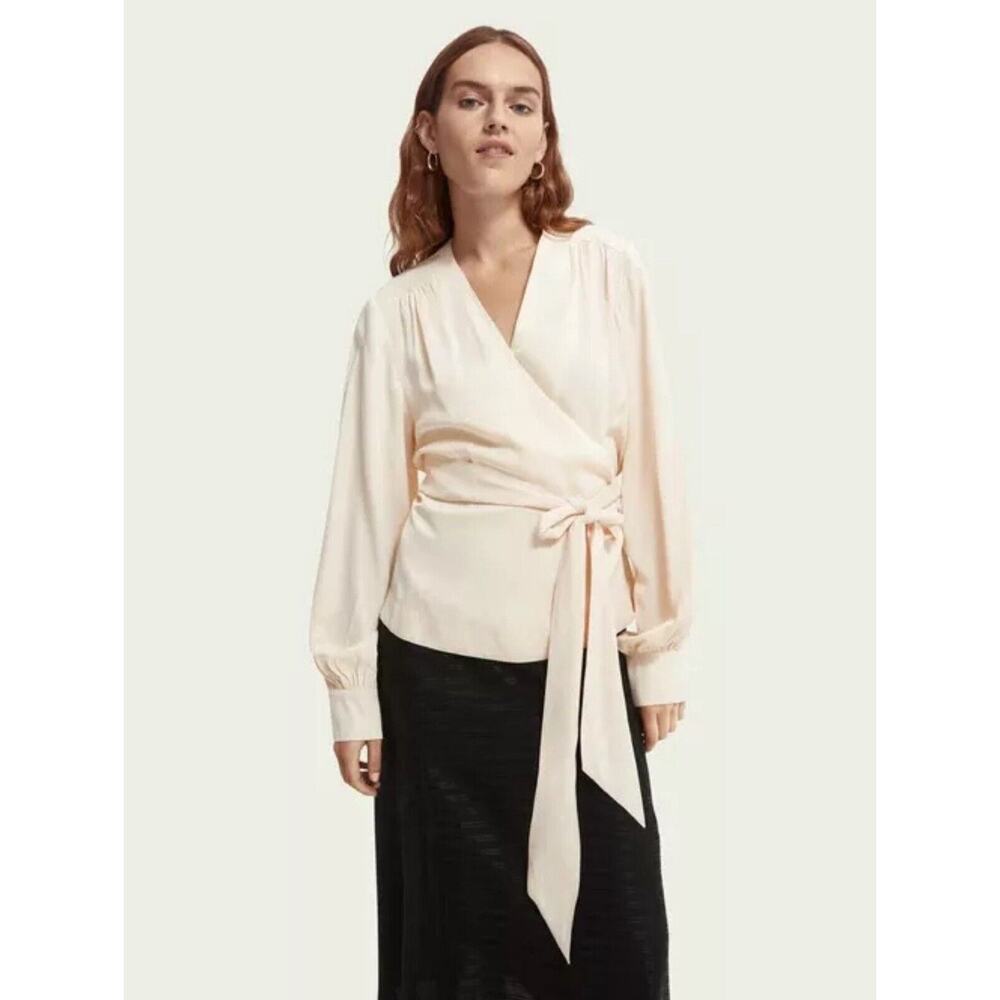 NWT Scotch & Soda Cocktail Hour Wrap Blouse M Cream Ecru Satin Boho Top